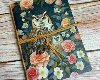 Horned Barn Owl Notebook, 80 Pages, Textured Covers, Vintage Style, Diary, Recycled 100GSM Paper, Vegan, Faux Leather Cord, A5