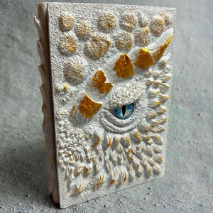 May include: A rectangular journal with a textured white cover featuring a sculpted dragon eye with a blue iris and pupil. The surface is adorned with raised, scale-like patterns and circular shapes, accented with metallic gold paint highlights.