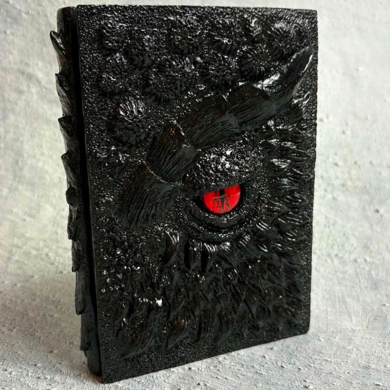 May include: A rectangular black book with a highly textured, raised surface resembling scales or feathers. Centered on the front cover is a single, prominent, realistic-looking eye with a bright red iris and a vertical black pupil, set within the dark.