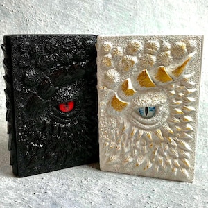 May include: Two rectangular books with textured covers featuring sculpted dragon scales and a prominent eye. The left book is black with a red eye, while the right book is white with gold-accented scales and a blue eye. Both covers have a raised, three-dimensional appearance.