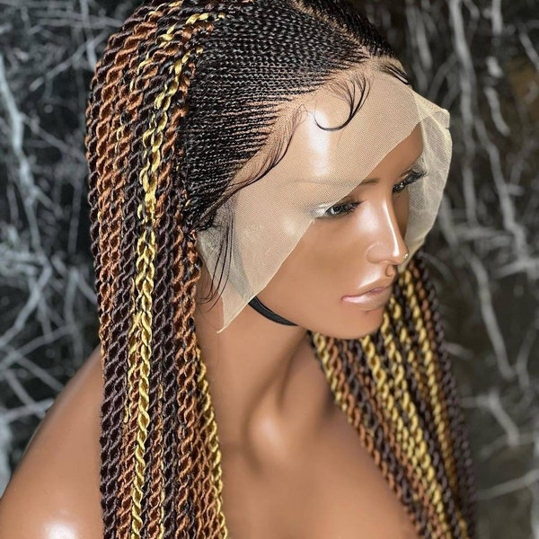 Geflochtene Perücke, Cornrow-Perücke, Box-geflochtene Perücke mit gekräuselten Spitzen, Spitze-Front-Perücke, Faux-Locs-Perücke, Goddess-Locs-Passion-Twists-Haar-Twists-Perücke