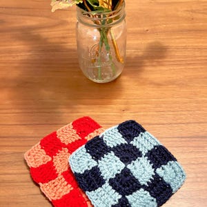 Crochet Checker Coasters | Handmade Gift , Retro Coasters , Crochet Gifts , Crochet Aesthetic Coasters , Checker Coasters , Retro Home Decor