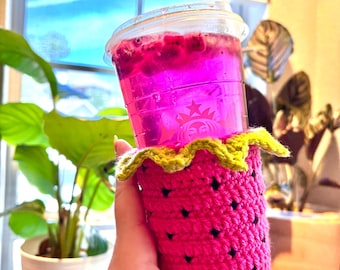 Dragonfruit Cup Cozy, Spring Gifts , Crochet Can Cozy , Crochet Cup Cozy , Iced Coffee Cozy, Drink Cozies , Dragonfruit Crochet , Cute Gifts