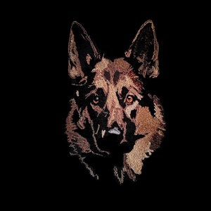 May include: Close-up of a German Shepherd dog's head, embroidered in brown and black thread on a black background.