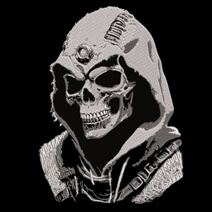 May include: A grayscale illustration of a skull wearing a hooded cloak. The skull has detailed features, including visible teeth and eye sockets. The hood is textured, and the image is set against a black background.