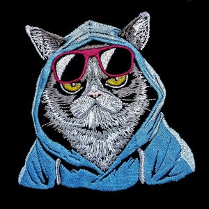 May include: Embroidered patch of a gray cat wearing pink sunglasses and a blue hoodie. The cat has a serious expression.