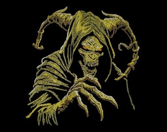 May include: Embroidered image of a skeletal figure with a hooded cloak and claw-like hands. The figure has glowing orange eyes and is rendered in shades of gold and olive green against a black background. The artwork has a textured, stitched appearance.