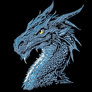 May include: A blue dragon head with a yellow eye, detailed with scales and a textured surface.