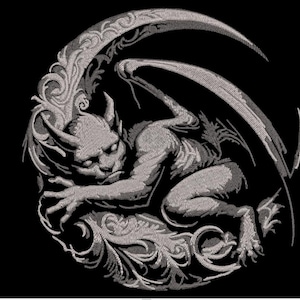 May include: Embroidered design of a gargoyle creature with wings, horns, and claws, resting on a crescent moon shape. The design is in shades of gray and white, set against a black background. The gargoyle has a detailed, textured appearance.
