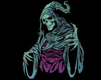 May include: Embroidered image of a skeletal figure in a hooded robe, with a skull face and clawed hands. The robe is teal and purple, set against a black background. The design has a gothic or fantasy theme.