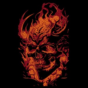 May include: A fiery orange and red skull with flames engulfing the head. The skull is detailed with a prominent jawline and teeth.