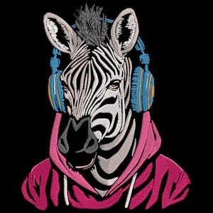 May include: Embroidered image of a zebra wearing blue headphones and a pink hoodie against a black background. The zebra has a mohawk and a black and white striped pattern. The headphones have yellow and blue accents.
