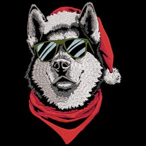 May include: Embroidered image of a husky dog wearing sunglasses, a Santa hat, and a red scarf against a black background. The dog's fur is white and gray, with a black nose and green-framed sunglasses.