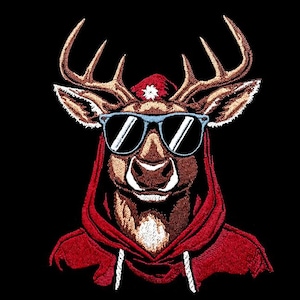 May include: Embroidered image of a deer wearing sunglasses and a red hoodie. The deer has large antlers and is set against a black background. The sunglasses are light blue with black lenses. The hoodie has white drawstrings.