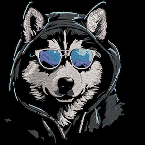 May include: Embroidered image of a husky dog wearing sunglasses and a hooded sweatshirt. The dog's fur is white and gray, with black accents. The sunglasses reflect a blue and purple landscape. The background is solid black.