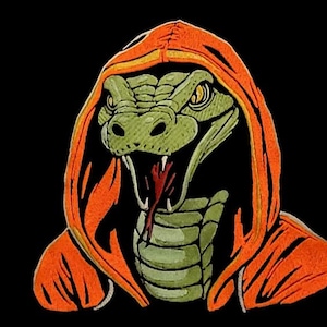 Könnte beinhalten: Gestickter Aufnäher mit einer grünen Kobra, die einen orangefarbenen Kapuzenpullover vor schwarzem Hintergrund trägt. Das Maul der Schlange ist geöffnet und zeigt eine rote Zunge. Das Design hat einen Cartoon-Stil.