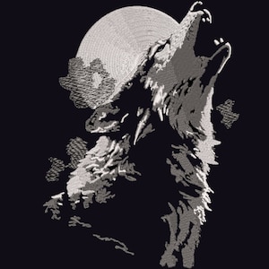 Könnte beinhalten: Eine Schwarzweißillustration eines Wolfes, der zum Mond heult. Der Wolf ist vor einem Vollmond mit einer strukturierten Oberfläche silhouettiert.