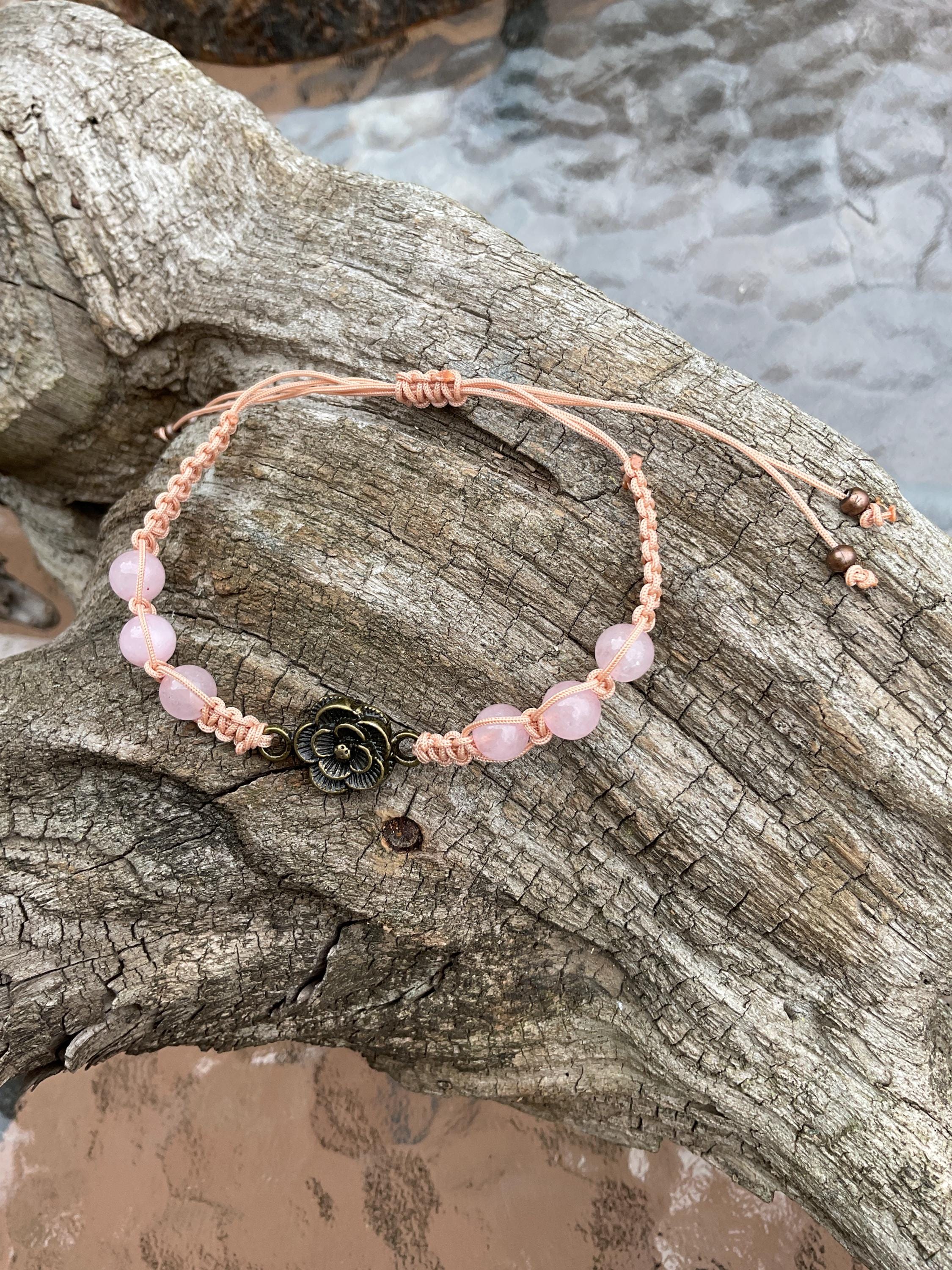 Hand Tied Macrame Rose Quartz and Brass Bracelet