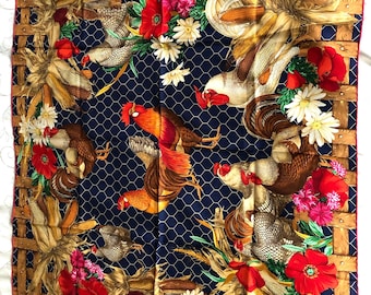 Mantero Silk Scarf: Vintage Navy Blue Chicken & Floral Print