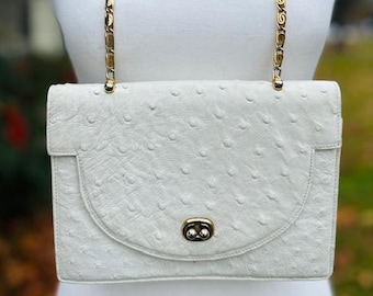 Vintage Designer Ostrich Leather Evening Shoulder Bag with Gold Chain Strap