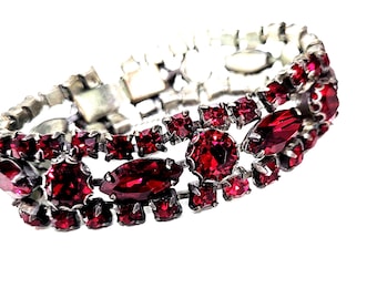 Vintage Regency Red Rhinestone Bracelet, 1950s Silvertone Glamour