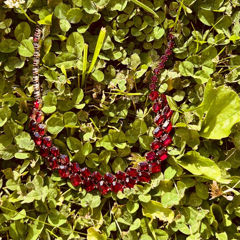 May include: A vintage necklace featuring a series of rectangular, deep red gemstones set in silver-toned metal. The necklace is displayed on a bed of green clover, creating a striking contrast between the jewellery and the natural background.