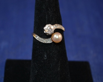 Edwardian Diamond Pearl Ring, 18k Gold Platinum, Size 6.5