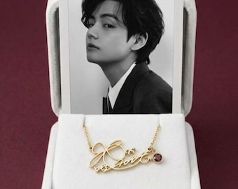 BTS V Signature Necklace, Kim Taehyung Handwriting Pendant, Dainty Gold Kpop Jewelry, Gift for ARMY, Bias Birthday Gift