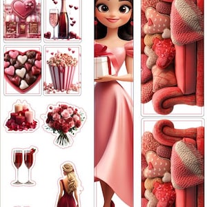 May include: A planner sticker sheet with a date night theme. Includes illustrations of a woman in a pink dress, chocolates, champagne, roses, and heart-shaped decorations. The text "mazandkimdesigns" is at the top.