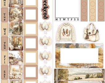May include: A collection of fall-themed planner stickers. The stickers include weekly calendar layouts, decorative elements like leaves and a sweater, and scenic illustrations in warm, autumnal colors. The text "Fall in boho" and "Hobonichi weeks" are visible.