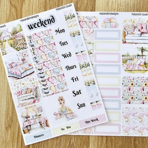 May include: A set of printable planner stickers featuring a patchwork theme with floral and heart designs. The stickers include a weekly planner, a to-do list, and a section for dinners. The stickers are designed for use with Hobonichi Cousin planners.