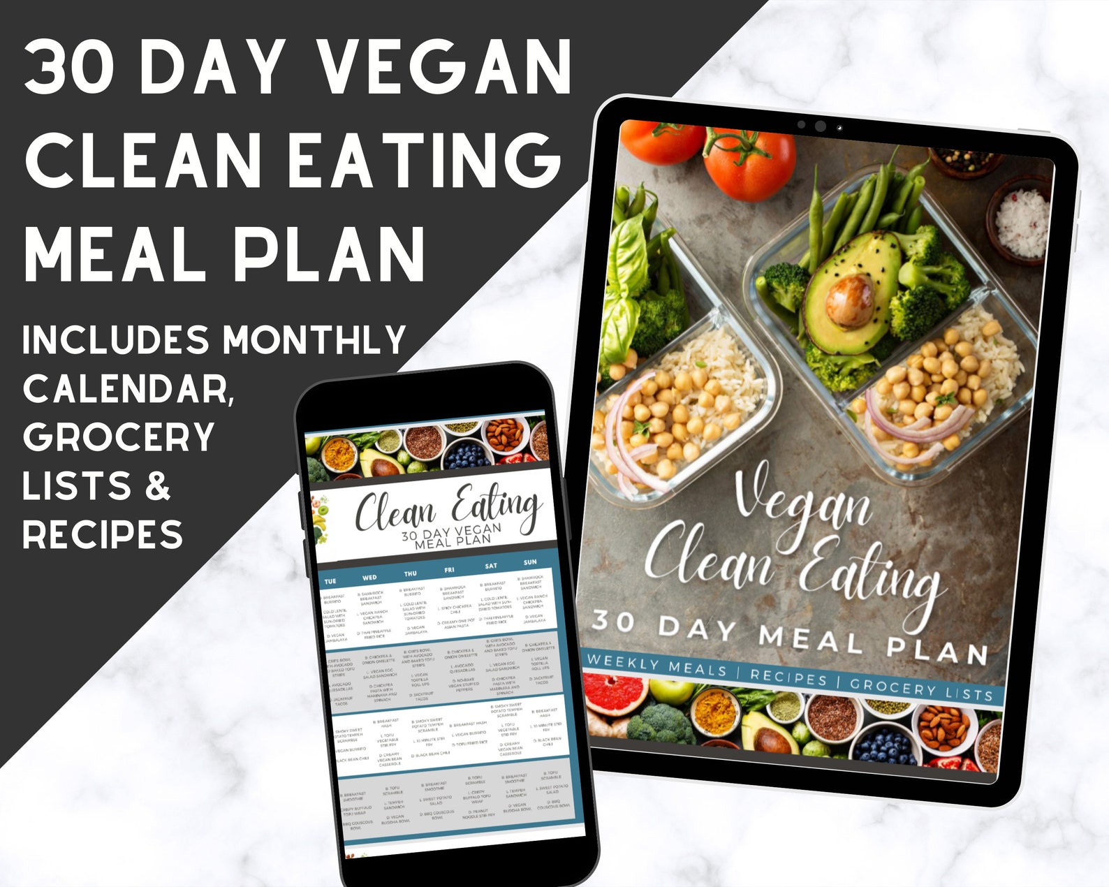 30 Day Vegan Clean Eating Meal Plan Recipes Grocery List Plant Based 