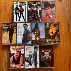 May include: A collection of nine cassette tapes featuring country music artists, including Brooks & Dunn, Billy Ray Cyrus, Joe Diffie, and Steve Earle. The tapes are arranged in a staggered pattern on a wooden surface.