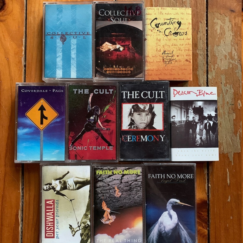 May include: A collection of nine cassette tapes, including "Collective Soul", "The Cult", "Coverdale Page", "Dishwalla", and "Faith No More".