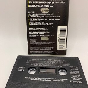 Może przedstawiać: Czarna kaseta z białą etykietą. Etykieta zawiera tekst "Various Artists - 200% Dance Hits" i "PolyTel 516 749 4". Kaseta jest oznaczona jako "Side 2 Made in Canada".