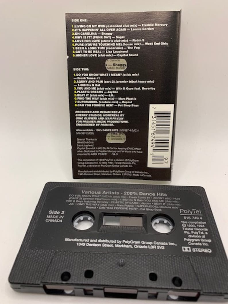 Może przedstawiać: Czarna kaseta z białą etykietą. Etykieta zawiera tekst "Various Artists - 200% Dance Hits" i "PolyTel 516 749 4". Kaseta jest oznaczona jako "Side 2 Made in Canada".