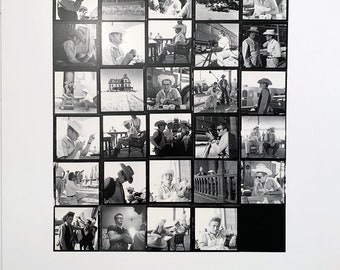 May include: A black and white contact sheet featuring multiple film frames. The frames depict scenes of people in cowboy hats, some outdoors, others indoors, engaged in various activities. The overall theme suggests a Western or vintage film production.