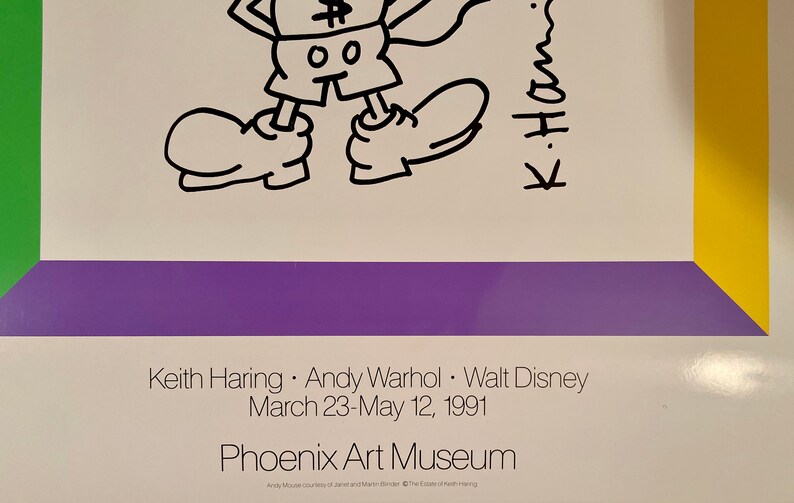 K&ouml;nnte beinhalten: Poster mit einer Cartoonfigur von Keith Haring mit einem Dollarzeichen auf dem Kopf. Das Poster enth&auml;lt die Namen Keith Haring, Andy Warhol und Walt Disney sowie das Logo des Phoenix Art Museum und die Daten 23. M&auml;rz bis 12. Mai 1991.