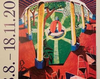 May include: Poster for a David Hockney exhibition, featuring a colorful illustration of an outdoor scene with a central fountain and architectural elements. The poster includes the dates 18.8.-18.11.2018 and the text "HOCKNEY".