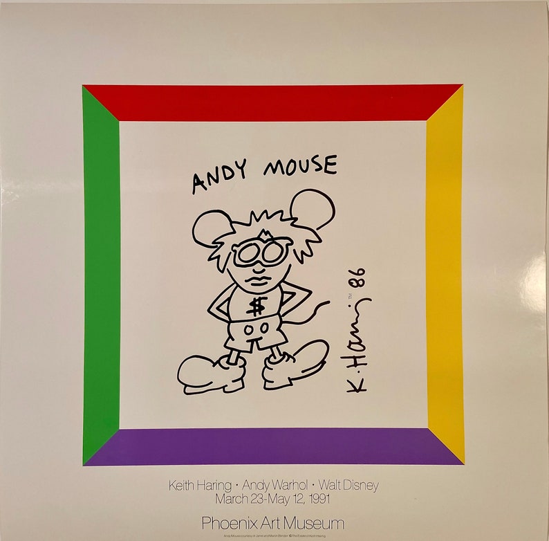 K&ouml;nnte beinhalten: Ein wei&szlig;er Kunstdruck mit einer schwarz-wei&szlig;en Cartoon-Maus mit dem Titel "ANDY MOUSE". Der Druck hat einen farbigen Rand. Signiert "K. Haring '86". Aus dem Phoenix Art Museum.