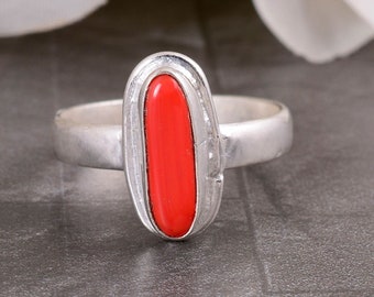 Red coral gemstone ring,925 sterling silver,vintage rings,gift for her,silver design ring,midi ring,personalized gift,boho ring,wedding gift