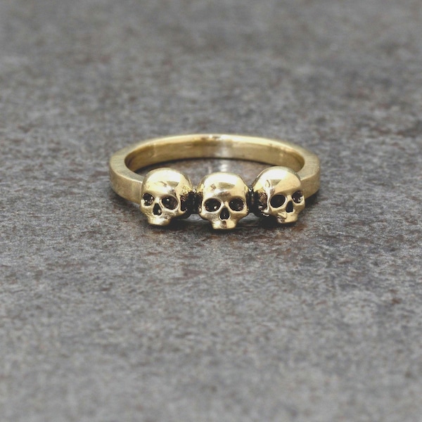 Handmade Brass Triple Skull Ring: Gothic Punk Band