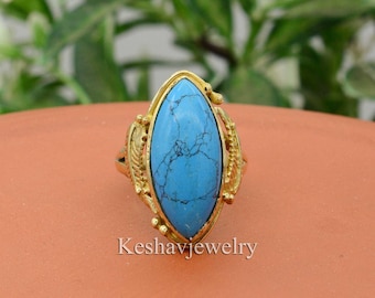 Handmade Turquoise Brass Ring: Boho Statement Jewelry
