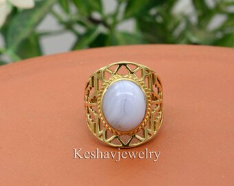 Blue Lace Agate Geometric Ring | Gold Plated Filigree Statement Ring | Artisan Handmade Jewelry