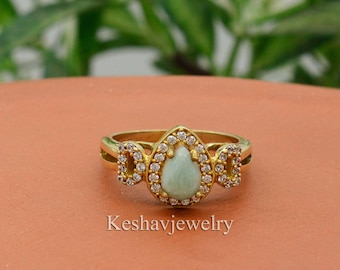Emerald Green Teardrop Ring: Gold Plated Halo, Handmade Bridal Jewelry gift for her