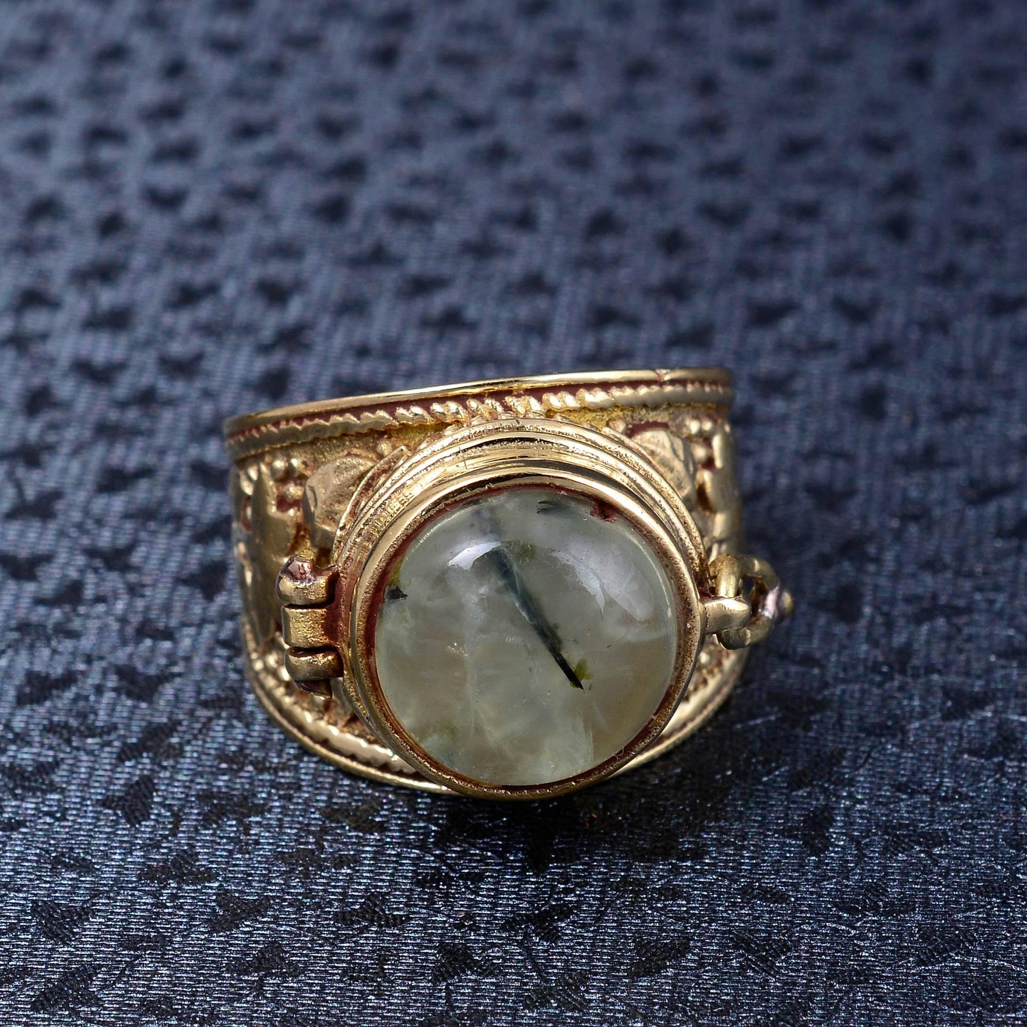 thumbnail image 2 of Natural Moonstone Poison Ring – Gold Brass, Hidden Box Compartment – Handmade India 2 of 4