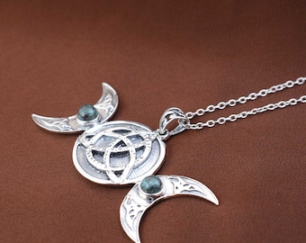 Handmade Triple Moon Goddess Pendant: Celtic Knot Silver Necklace