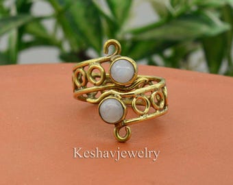 Handmade Double Moonstone Brass Ring: Adjustable Swirl Boho Jewelry