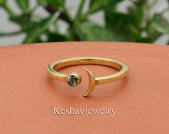 Crescent Moon Gemstone Ring: Adjustable Brass Celestial Jewelry