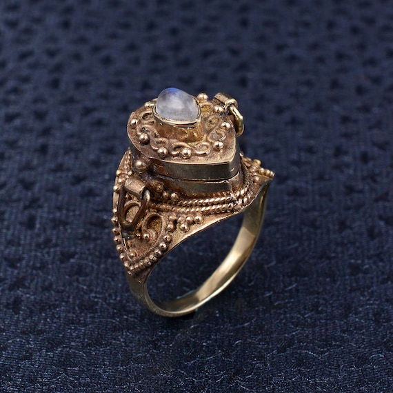 Moonstone Brass Poison Ring, Secret Compartment Locket, Boho